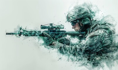 Soldier with assault rifle in action, digital painting of a soldier