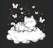Dreamy cartoon cat on a fluffy cloud among butterflies in a starry sky