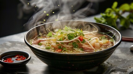 ai generated illustration of steaming hot noodle soup with herbs