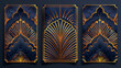 Art Deco pattern designs with gold and navy blue details on dark background