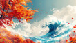 Vibrant Autumn Leaves Mixing with Dynamic Ocean Waves in a Nature-Inspired Artwork