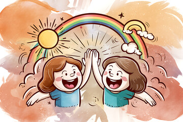 watercolor image of two friends high-fiving with a rainbow and sunburst in the happy friendship day