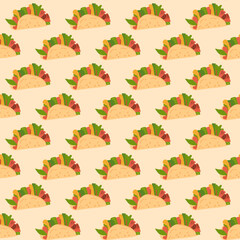 Wall Mural - Tacos sandwich seamless pattern. Mexican fast food endless background. Vector illustration.