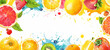 Vibrant fruit pattern border with citrus, berries, and splashes in flat style