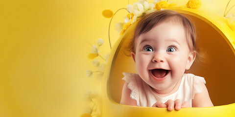 A cheerful little girl looks out of a toy yellow egg decorated with flowers. Laughing baby girl on yellow background with copy space. Concept of the birth of a new life, Happy Easter