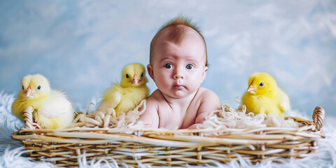 Wall Mural - An adorable baby sits in a wicker basket with three yellow chickens. Portrait of a baby with fluffy Easter chicks on a blue background. Concept of the birth of a new life, Happy Easter