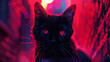 Mysterious black cat with glowing red eyes in a neon-lit environment