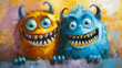 Colorful cartoon monsters with big eyes and cheerful expressions in a vibrant painting