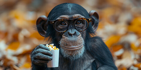 Canvas Print - Monkey watching movie with popcorn sitting in armchair