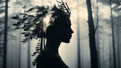 Sticker - AI generated illustration of a woman in a leaf crown stands in a forest with trees in the background