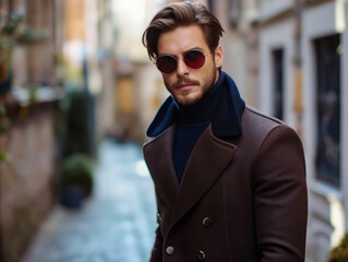 Wall Mural - A man in a brown coat and sunglasses.