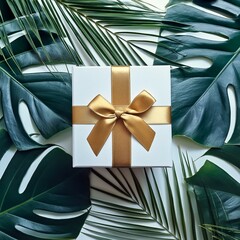 Wall Mural - Creative floral concept. A white gift box with gold ribbon bow surrounded with tropical green Monstera leaves and palm Split Leaf. Mock up product presentation. top view, flat ... See More

