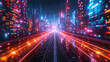 Neon light trails streak into a bustling city, showcasing the dynamic energy and technological innovation of urban life