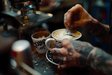 Wall Mural - a barista's hands crafting latte art on a coffee cup