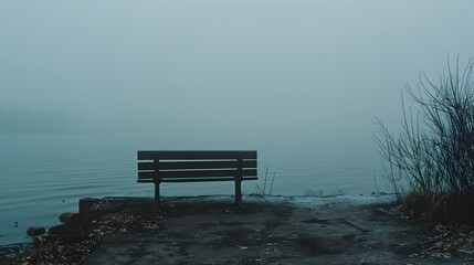 Wall Mural - Misty Lake Morning with Solitary Bench