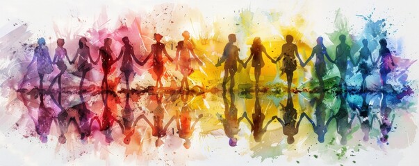 Wall Mural - A group of people holding hands in unity, with watercolor art style. The background is white and the colors include reds, yellows, greens, blues, purples, pinks, oranges, and golds. 