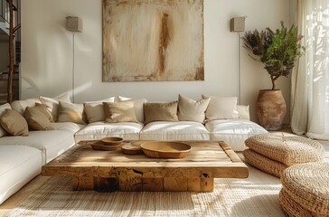 A living room with an oversized, light-colored wooden coffee table in the center. On top of the coffee table are placed some beige and white cushions. The wall behind features abstract art on canvas. 