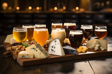 Cheese and Craft Beer Pairing - A trendy craft beer and cheese pairing session with a variety of beers and cheeses laid out  Generative AI,