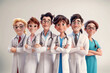 Team of animated medical professionals posing in white coats with friendly smiles
