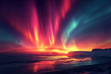 Wall Mural - AI generated illustration of Northern lights shining above a beach with water