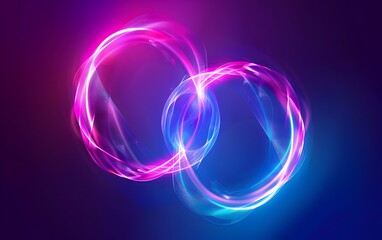 Poster - Abstract background with neon glowing light streaks forming the shape of two intertwined rings on a dark blue purple background
