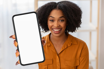 Poster - Black woman is holding a cell phone up in front of her, the screen displaying nothing but blankness, office interior