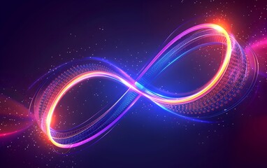 Wall Mural - Abstract glowing neon lines in the shape of an infinity sign on a dark background, with illuminated colorful curves and circles
