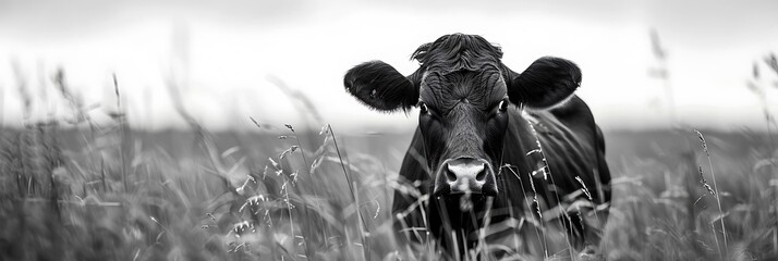Poster - A black and white dairy cow in a grass field realistic nature and landscape