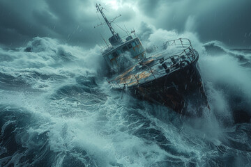 Wall Mural - A sinking ship engulfed by stormy seas, evoking the perilous nature of a crisis situation. Concept of maritime crisis and disaster management. Generative Ai.