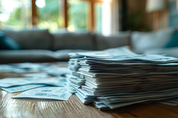 Poster - A stack of unpaid bills and overdue notices, portraying the financial strain on households. Concept of personal finance crisis and debt burden. Generative Ai.