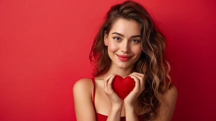 Poster - A beautiful woman holding a red heart on a background of red.