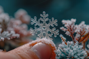 Wall Mural - A pristine snowflake delicately balanced on a fingertip, showcasing the intricacy of nature's design. Concept of winter wonder and crystalline perfection. Generative Ai.