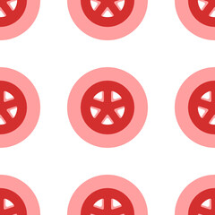 Poster - Seamless pattern of large isolated red car wheel symbols. The elements are evenly spaced. Illustration on light red background