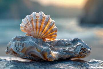 Sticker - A lone seashell resting on a weathered piece of driftwood, a relic of the ocean's timeless journey. Concept of coastal nostalgia and maritime memories. Generative Ai.