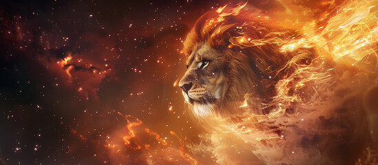 Wall Mural - A beautiful lion with glowing eyes seem to dance with flames on fire, the king animal burn art with space concept