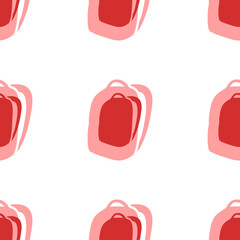 Poster - Seamless pattern of large isolated red school bag symbols. The elements are evenly spaced. Illustration on light red background