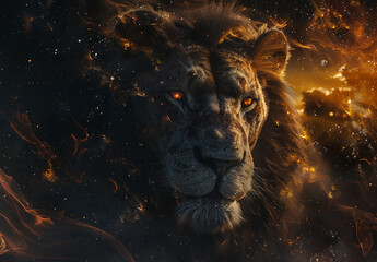 Wall Mural - A beautiful lion with glowing eyes seem to dance with flames on fire, the king animal burn art with space concept