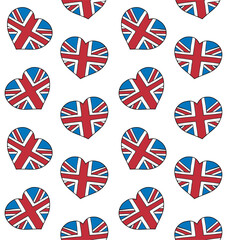 Wall Mural - Vector seamless pattern of hand drawn sketch doodle Great Britain flag heart isolated on white background