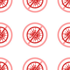 Poster - Seamless pattern of large isolated red stop coronavirus symbols. The elements are evenly spaced. Illustration on light red background