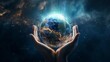  A close-up view of a persons hands firmly gripping a small planet earth, held up in front of a dark, shadowy background. The globe is illuminated, emphasizing its detailed continents and oceans.