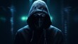  A hacker wearing a hoodie is seen standing in a dark environment, his silhouette barely visible against the shadows.