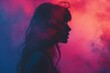 AI generated illustration of a silhouette of a woman with long hair in pink and purple smoke