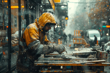 Wall Mural - A construction worker laboring at a construction site, building structures that shape the urban landscape. Concept of construction and urban development. Generative Ai.