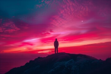 Poster - AI generated illustration of a man on a rocky peak at dusk with a pink sunset