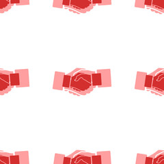 Poster - Seamless pattern of large isolated red handshake symbols. The elements are evenly spaced. Illustration on light red background