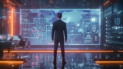 Poster - A man stands in front of a large screen, engaged in viewing or interacting with the content displayed, Futuristic concept of a CEO in a digital, technologically advanced workspace