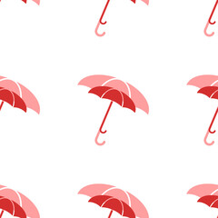 Poster - Seamless pattern of large isolated red umbrella symbols. The elements are evenly spaced. Illustration on light red background