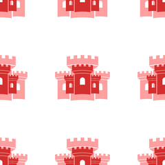 Poster - Seamless pattern of large isolated red castle symbols. The elements are evenly spaced. Illustration on light red background