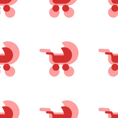 Poster - Seamless pattern of large isolated red baby carriage symbols. The elements are evenly spaced. Illustration on light red background