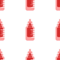 Poster - Seamless pattern of large isolated red feeding bottle symbols. The elements are evenly spaced. Illustration on light red background